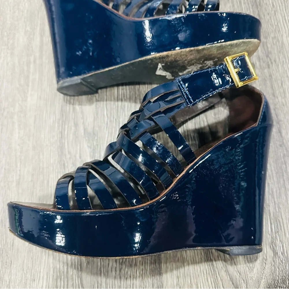 Tory Burch Blue and Brown Wedge Sandals with Stylish Straps